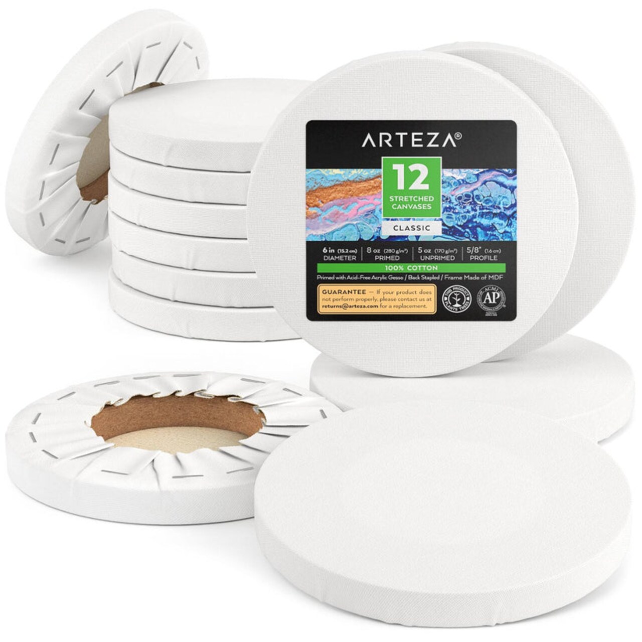 Arteza Classic Blank Round Stretched Canvas, 6 " Diameter, Blank Canvas Boards for Painting - 12 Pack